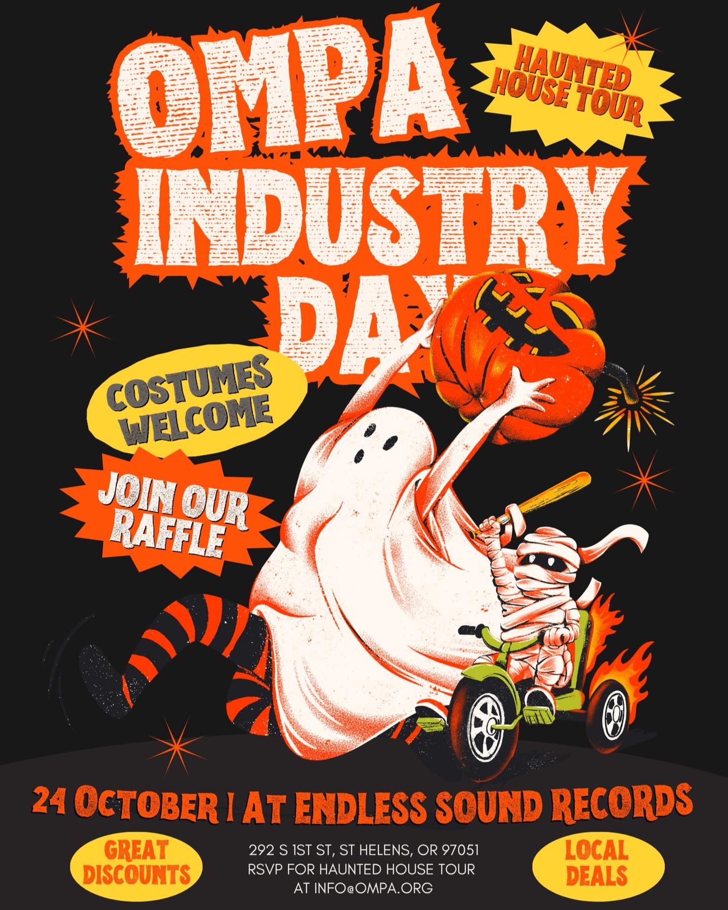 Come join us next Friday!
St. Helens, OR, and The Spirit of Halloweentown would like to welcome OMPA members and Film Industry Workers and their families on Friday, October 24th to experience film tourism at work!
Oregon Film and the Film Trail, Setjetters app, and OMPA will be tabling so make sure to stop by our booth.
You can enter our raffle for some great prizes and while you’re there, take a moment to learn about all the amazing discounts available to you. Local restaurants are graciously offering industry workers deals like 50% off cocktails, discounted beers, and MORE!
Costumes are encouraged! We’d love to see a few – even if just on the kids or your furry friends.
🎃 Bonus Event: Exclusive Haunted House Tour at 4:00 PM
Spots are limited — RSVP at info@ompa.org
Come celebrate the industry, the season, and a little movie magic. We can’t wait to see you there!
🌟 Where: Endless Sound Records, St. Helens, OR
🗓️ When: Friday, October 24, 2025 | 1-5pm
______________________________
What is Spirit of Halloweentown?
What began as a tribute to the beloved Disney movie “Halloweentown,” filmed right here in Oregon in St. Helens, has grown into a month-long celebration filled with spooky fun, enchanting attractions, and family-friendly activities.
From late September through October, Spirit of Halloweentown offers something for everyone. Wander through haunted streets, explore themed attractions like the Great Pumpkin Lighting and the Haunted House, and enjoy live entertainment and special events throughout the festival. Whether you’re there to relive the nostalgia of your favorite Halloween movie or to create new memories with family and friends, you’ll find endless opportunities for fun and adventure!
Spirit of Halloweentown is officially closed on the 24th, so if you’d like to visit the vendors market or see some of the other exhibits make sure to check out their website to see when they’re open!